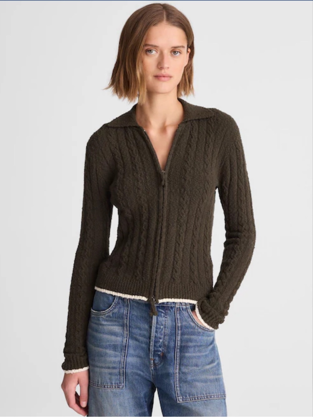 Madewell Olive Cable-Knit Zip Cardigan